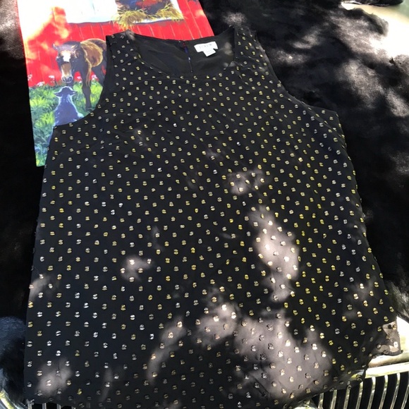 J. Crew Black Sleeveless Tank Blouse Gold Textured Dots Round Hem Lined XXS - Picture 8 of 12